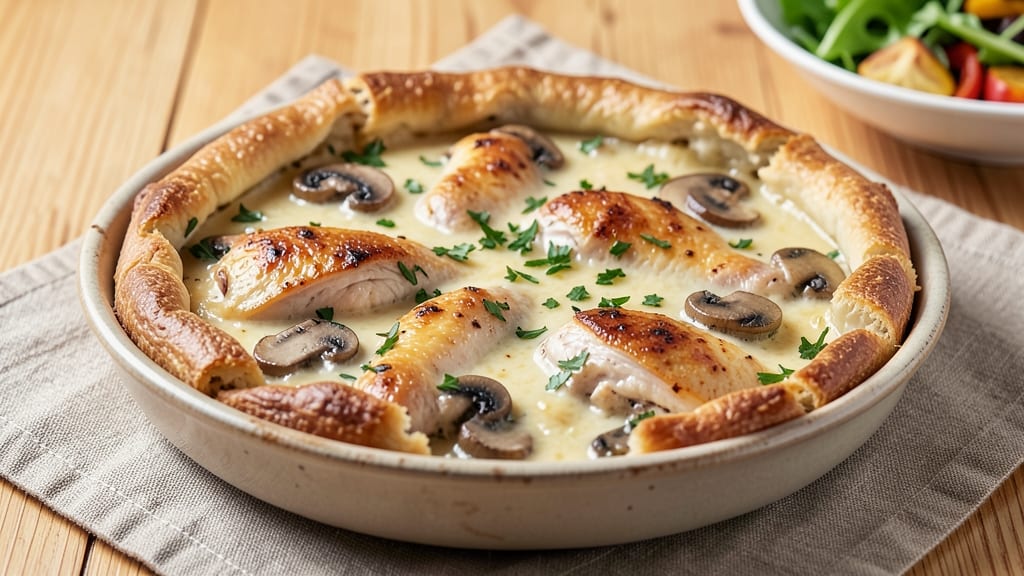 Basic Chicken and Mushroom Pie Recipe: Flaky Top Crust Over Savory Filling