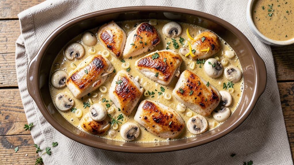 Baked Chicken and Mushroom Casserole Recipe: Savory Herb-Layered Bake With Melty Cheese Top