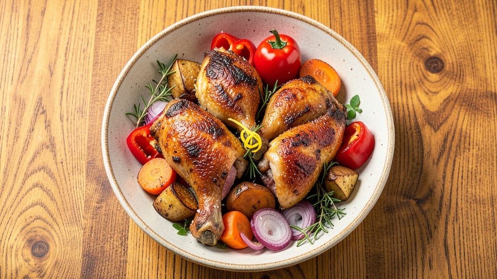Baked Chicken Legs With Vegetables Recipe: Crispy Skin and Roasted Veggie Medley