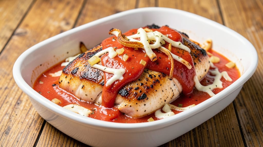 Baked Chicken Ala King Recipe: Crispy Topped Cheese Rivers Over Creamy Sauce
