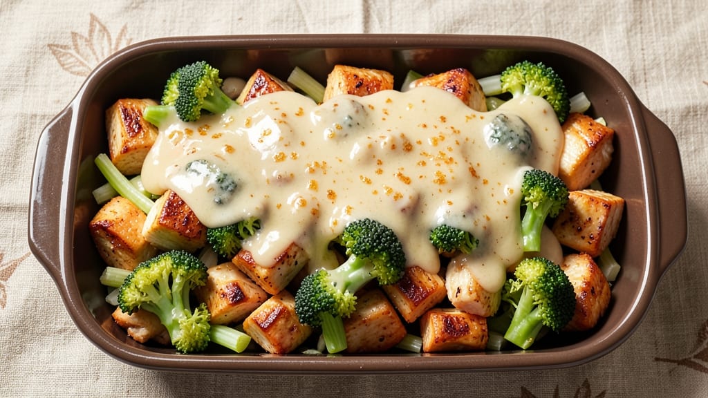 Campbell's Chicken and Broccoli Bake Recipe: Cheesy Celery Crown Crunch Over Creamy Herb Magic